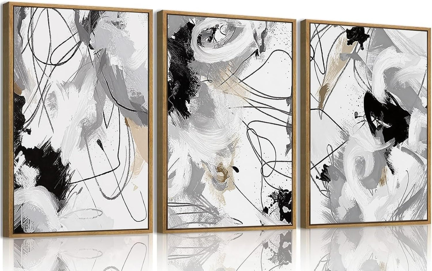 myusuar 3 Piece Large Modern Abstract Canvas Framed Wall Art For Living Room, Black And White Lines Minimalist Wall Art Decor Posters Prints For Bedroom Office, 12x16in