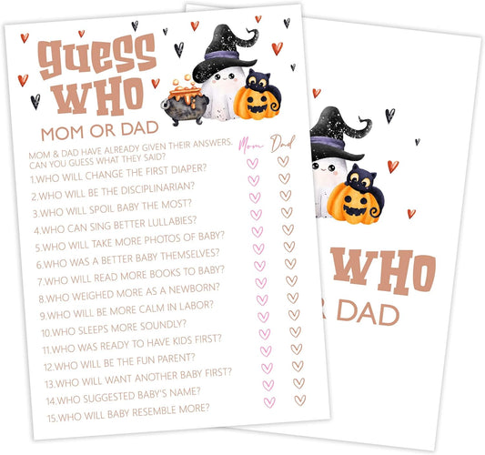 Baby Shower Games, Halloween Guess Who Mom or Dad, 25 Double-Sided Game Cards for Gender Reveal Party Decorations Supplies Announcement - B01