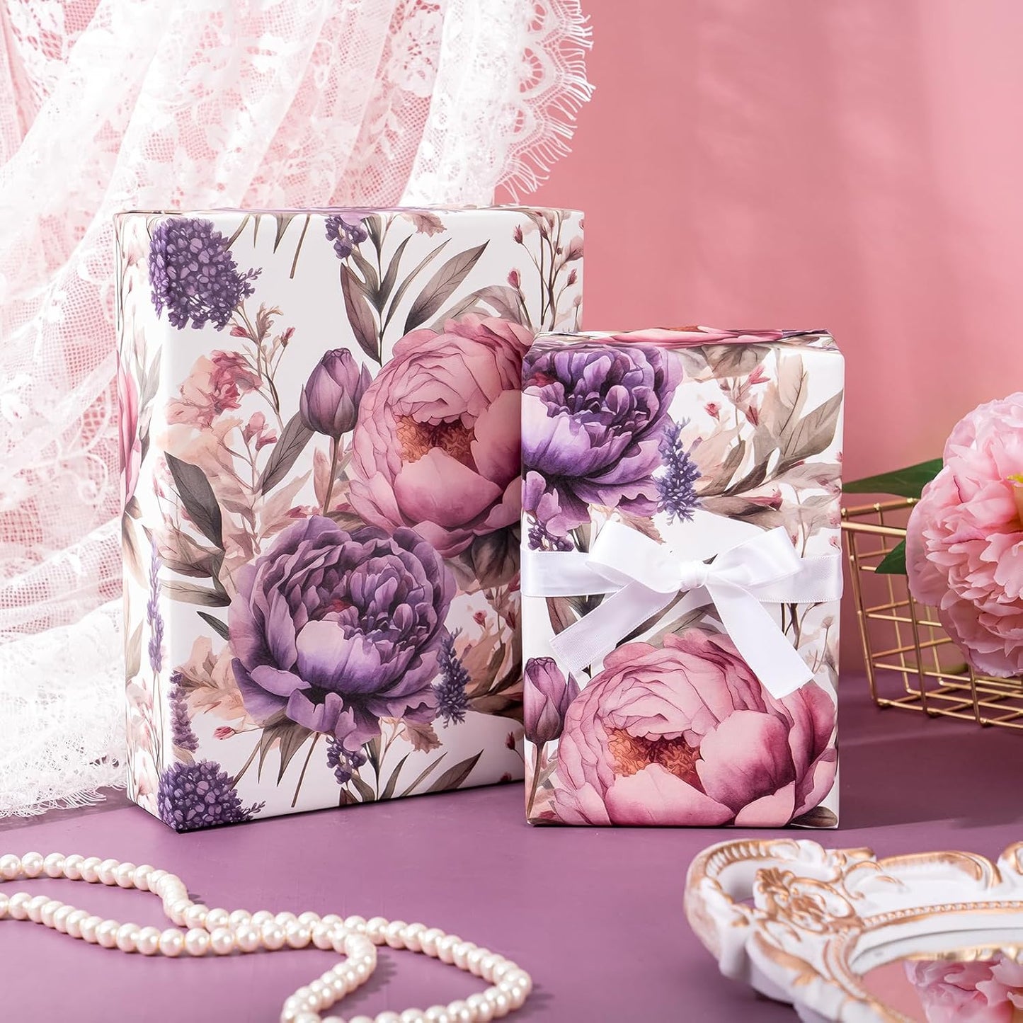 WRAPAHOLIC Kraft Floral Wrapping Paper - Mini Roll - 17 Inch x 16.5 Feet - Watercolor Lavender Flower Wrapping Paper for Wedding, Birthday, Bridal Shower, Tea Party, Drawer Liners, Home Closet Shelves