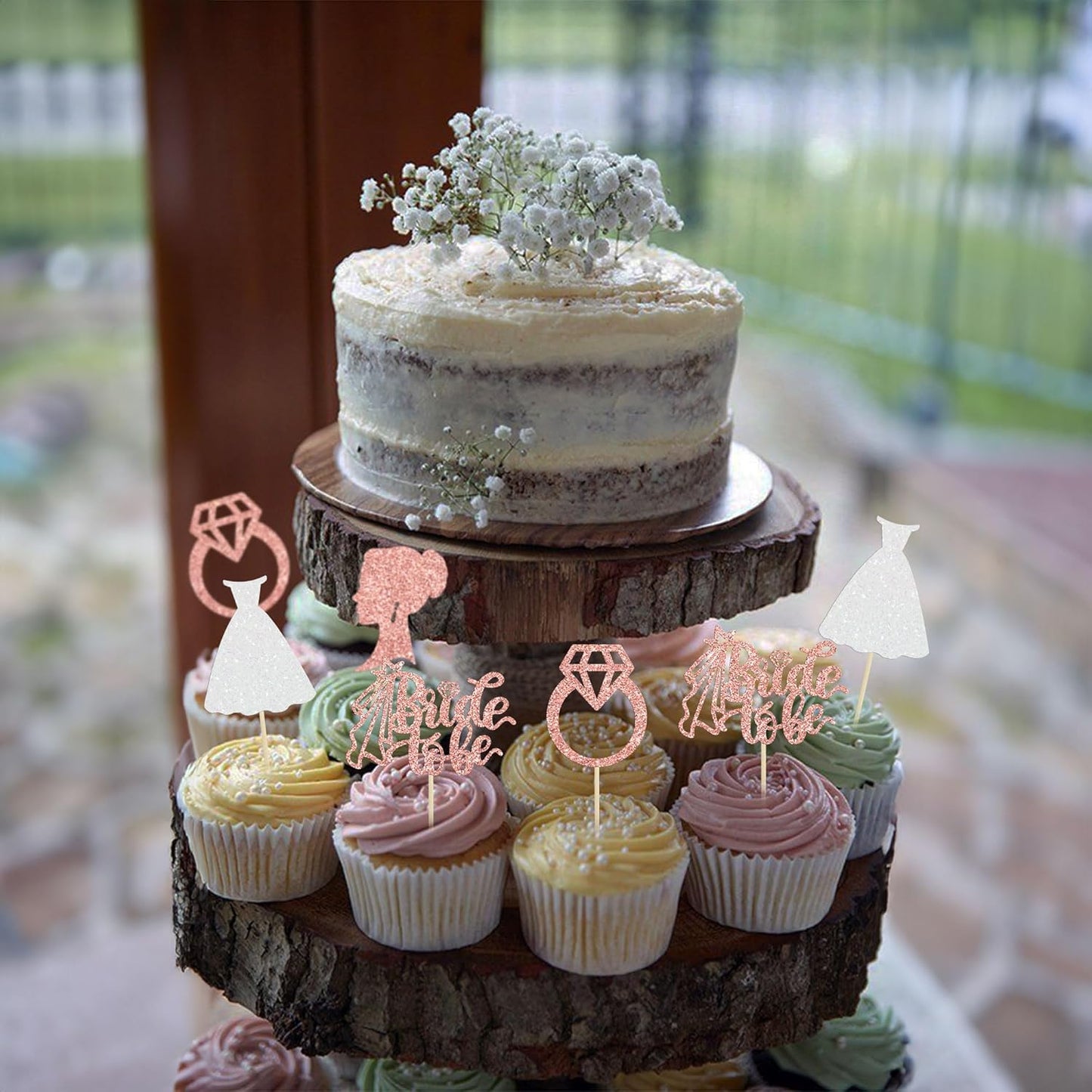 Gyufise 24 Pack Rose Gold Glitter Bride to Be Cupcake Toppers with Heart Ring Dress Bridal Shower Cupcake Picks Wedding Engagement Bachelorette Party Cake Decorations Supplies