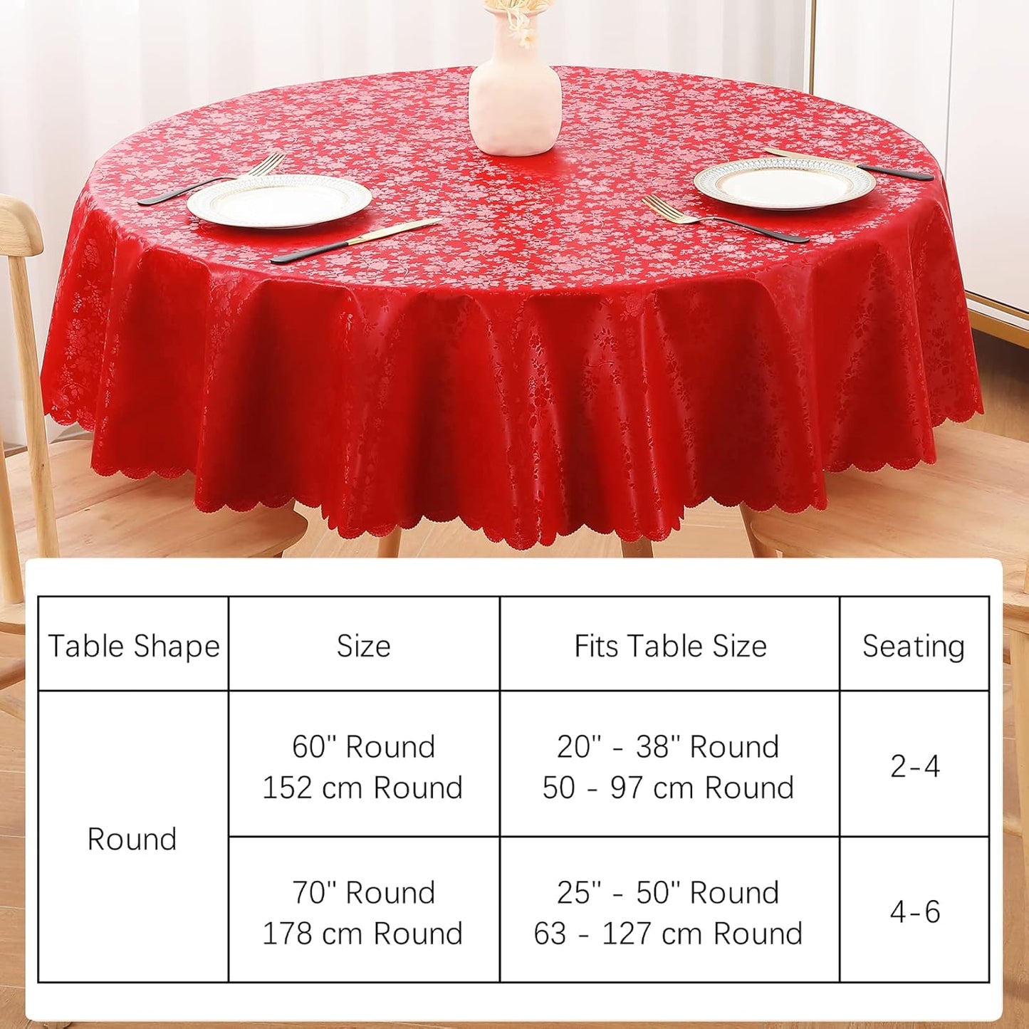 Smiry Round Table Cloth, Waterproof Heavy Duty Vinyl Tablecloths, Wipeable Washable Table Cover for Kitchen and Dining Room (Red, 70" Round)
