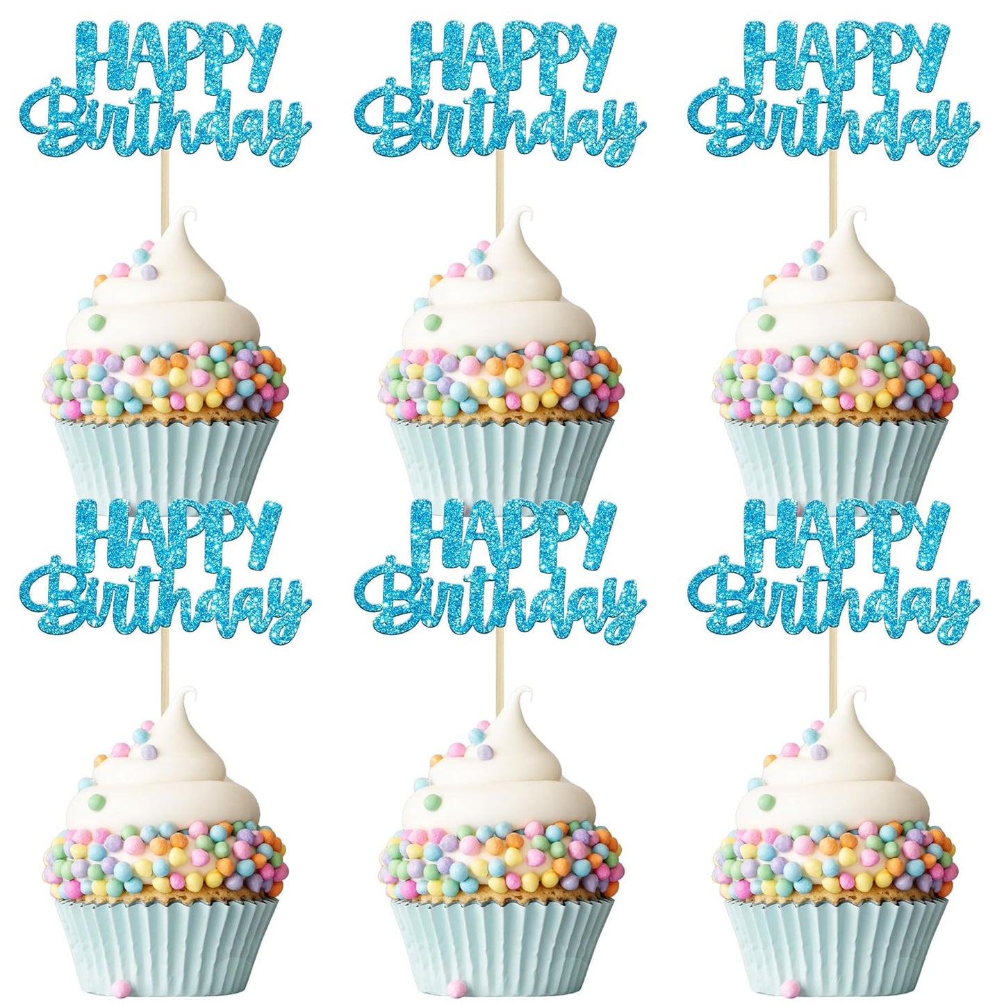 Gyufise Happy Birthday Cupcake Toppers Blue Glitter Birthday Cake Topper Picks Dessert Topper Decoration for Birthday Party Anniversary Celebration Pack of 24