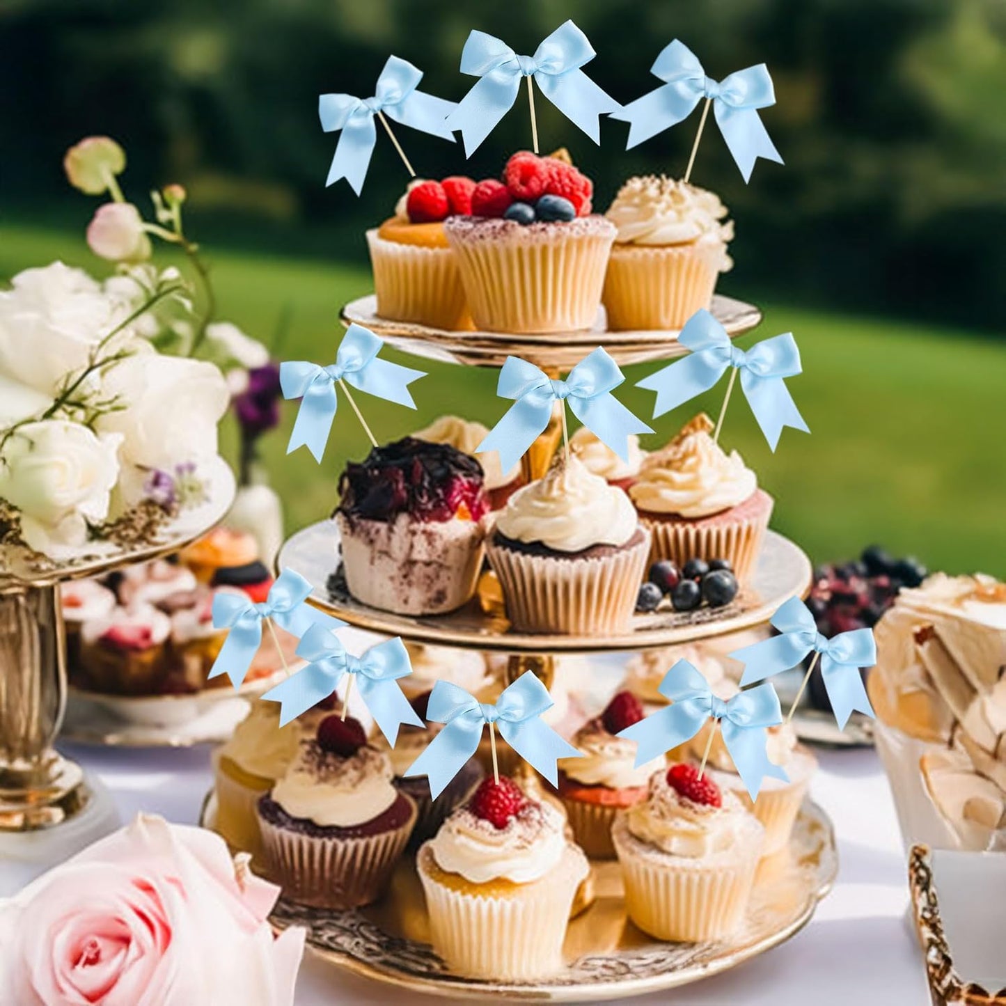 Ephlyn 24Pcs Bow Cupcake Toppers Bowknot Cake Toppers Bow Cupcake Picks Bowknot Birthday Party Decorations for Wedding Bridal Engagement Baby Shower Birthday Party Supplies Light Blue