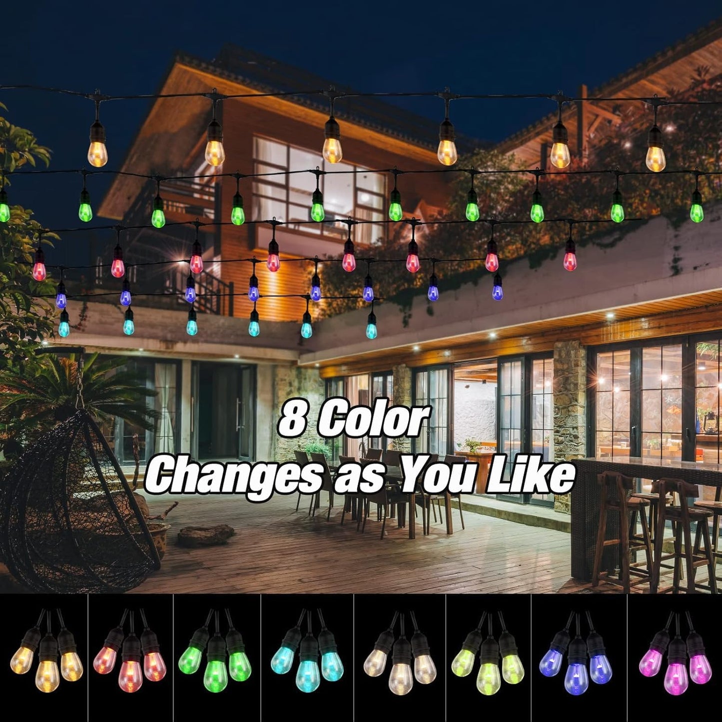 48FT Solar Outdoor String Lights, 15 Shatterproof Edison LED Bulbs, Dimmable RGB Color Changing Patio Lights with 8 Modes & Remote, Waterproof Commercial Grade for Garden, Yard, Party