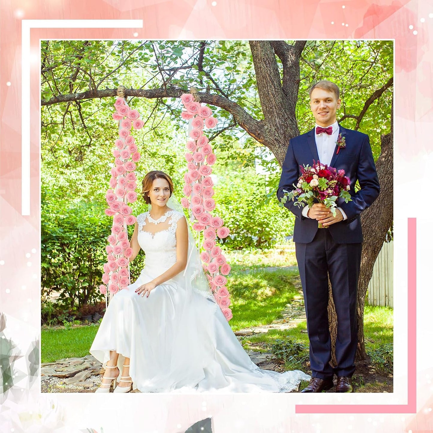 2 Pcs Pink Artificial Rose Vine Hanging Faux Flowers Garland for Wedding Anniversary Birthday Party Background Arch Garden Home Wall Room Decor