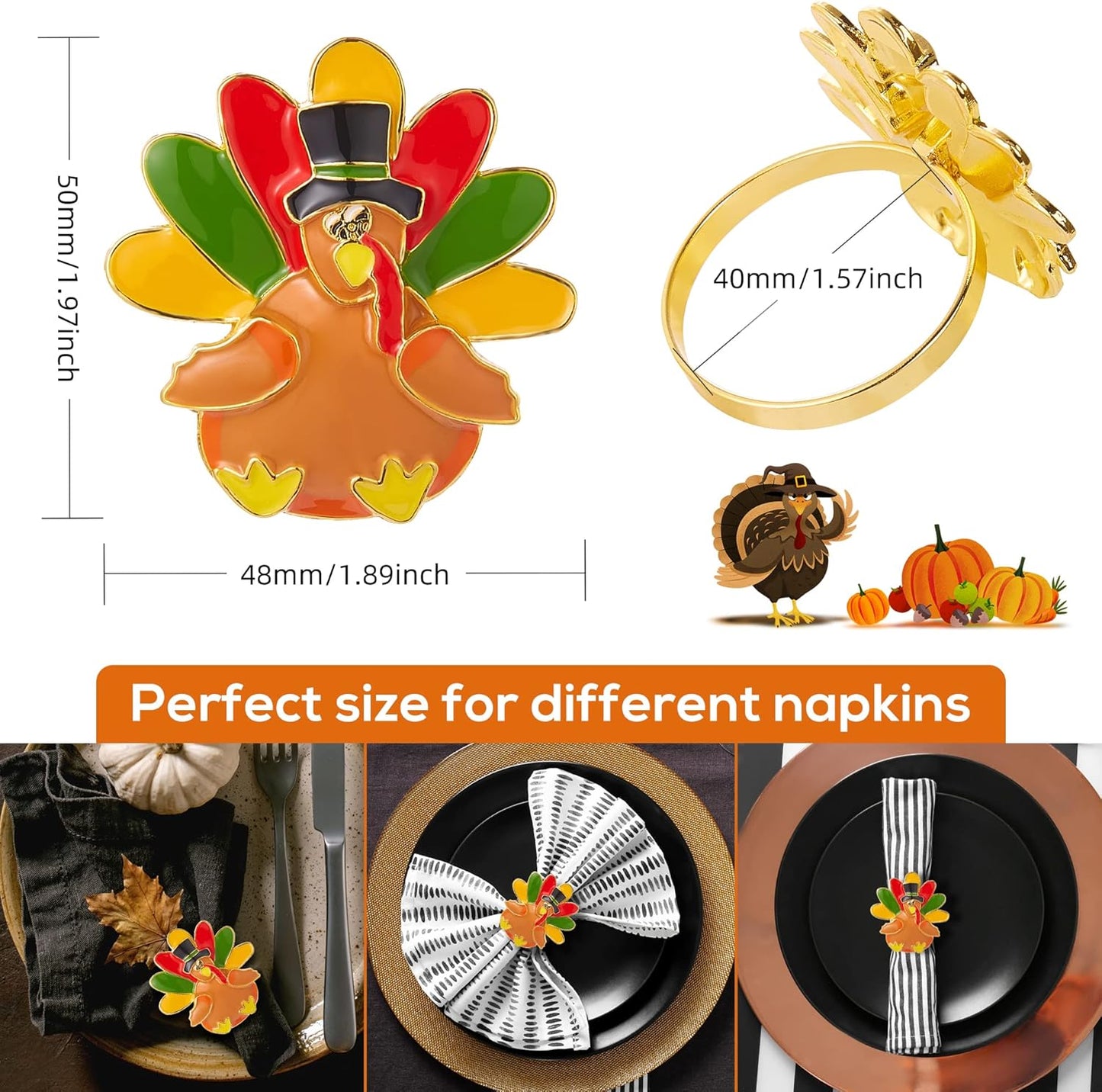 Halatool Thanksgiving Turkey Napkin Rings Set of 12, Alloy Fall Napkin Rings Dinner Tables Holders for Thanksgiving Weddings Holidays Gathering Dinner Party Decorations