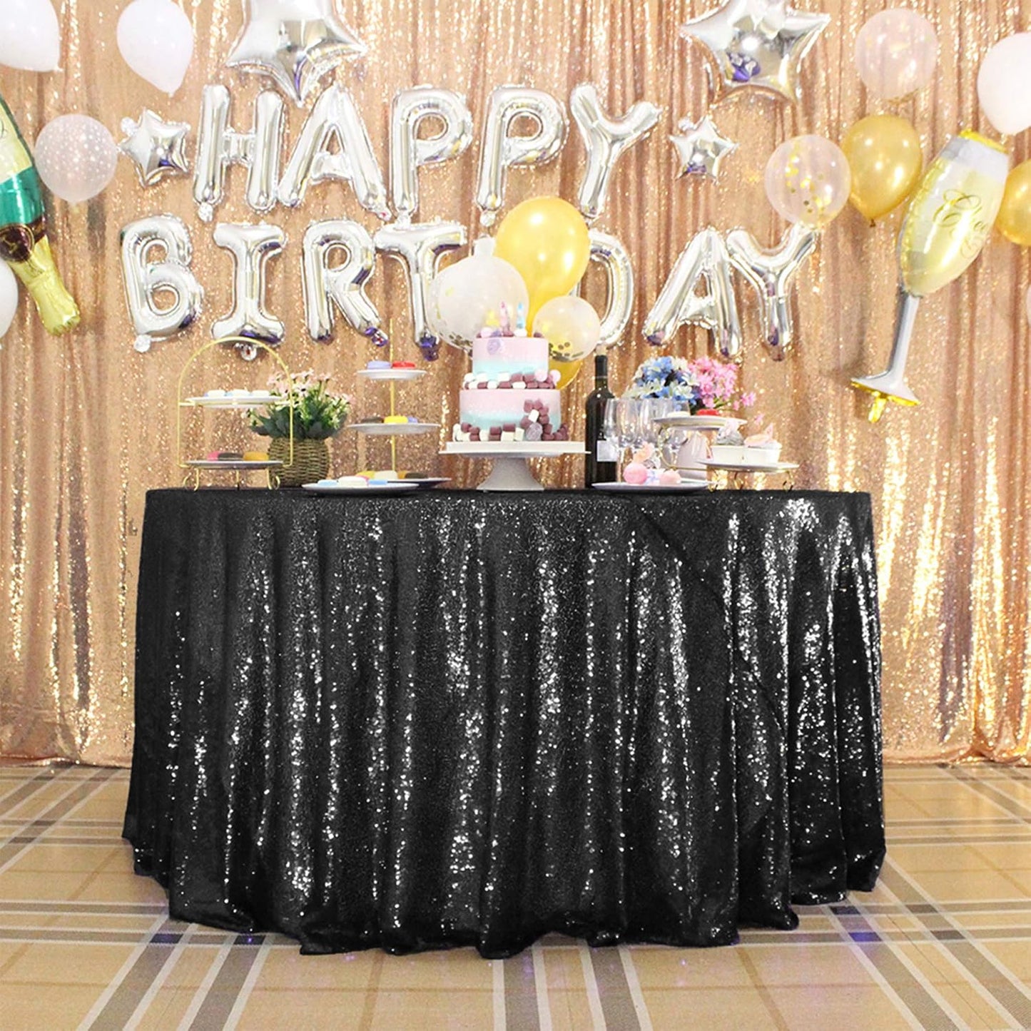 JYFLZQ Black Sequin Tablecloth - 90" Round Sparkly Glitter Metallic Table Cloths Table Cover Overly for Halloween, Retirement, Birthday Party, and Graduation Decorations