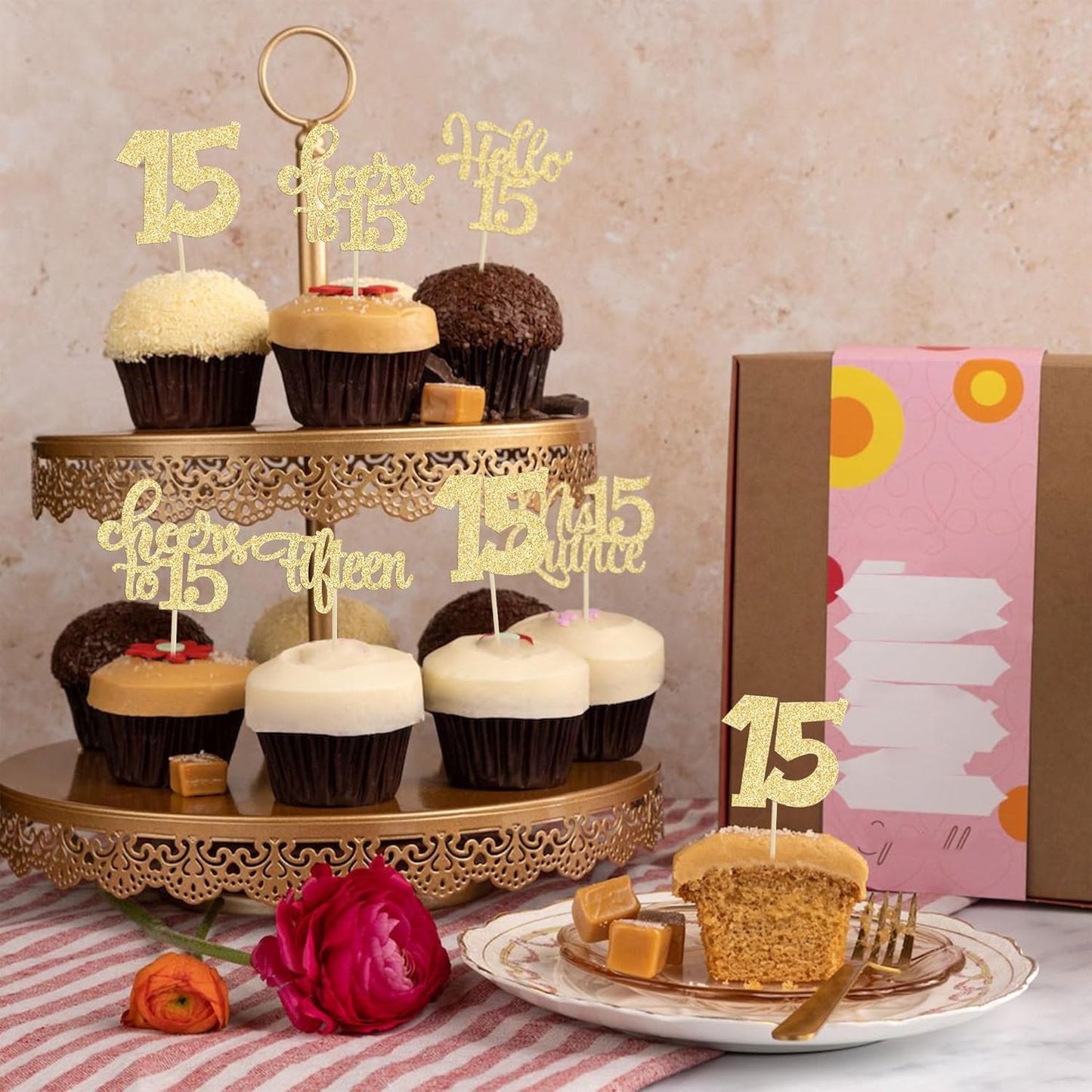 30Pcs 15th Birthday Cupcake Toppers Fifteen Cupcake Picks Cheers to 15 Years Old Mis Quince 15 Cake Decorations for 15th Birthday Anniversary Party Gold Glitter