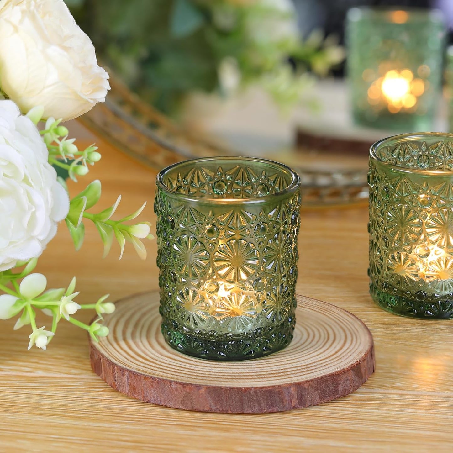 Green Votive Candle Holder Set of 36, Flower Tea Lights Candles Holders for Wedding Table Decor, Birthday Parties, Vintage Home Decor, Bridal Shower and Holiday Decorations