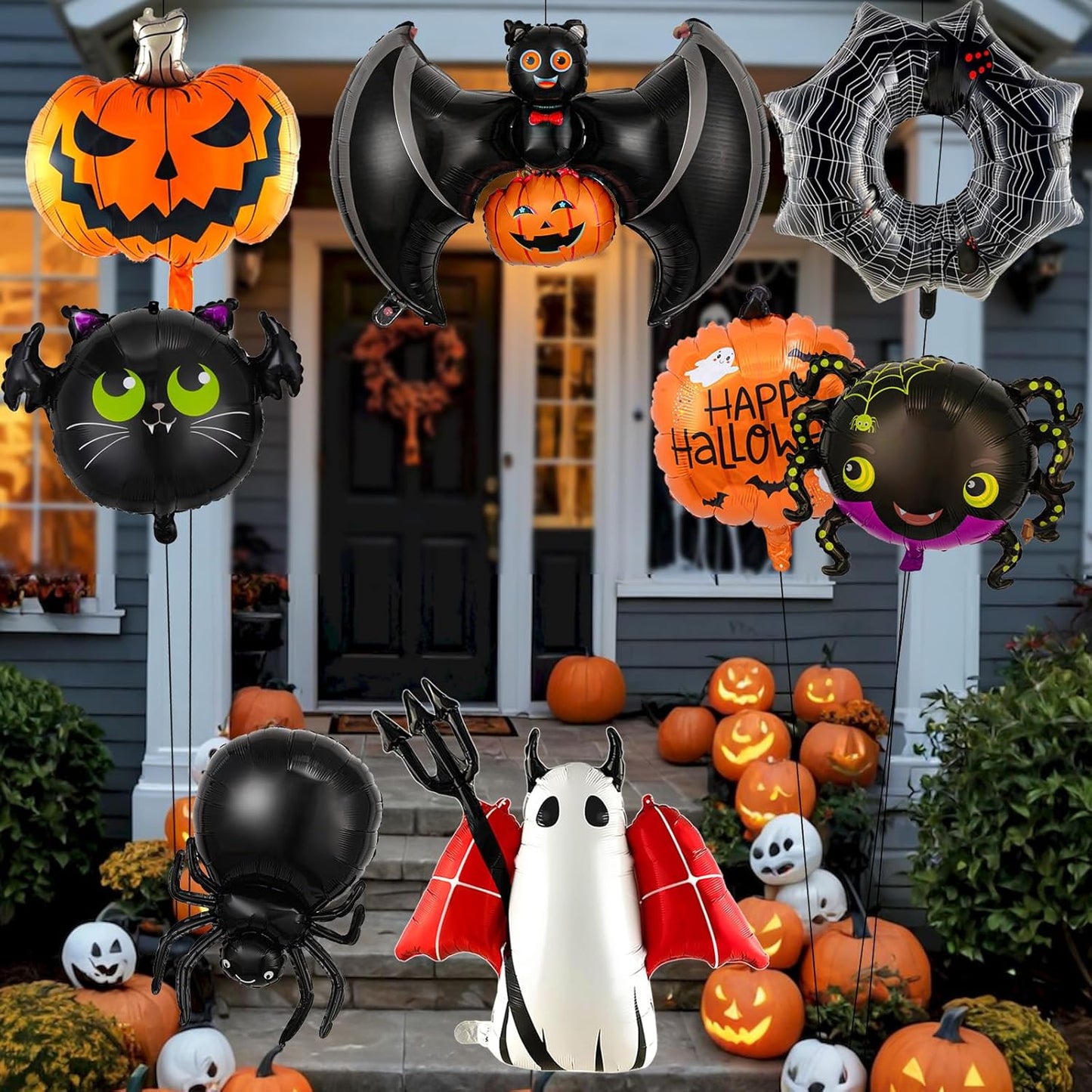 Halloween Balloons Set - 9Pcs Foil Ghost, Spider, Pumpkin & Bat Balloons for Scary Party Decorations, Indoor Outdoor Halloween Party Supplies, Haunted House, Trick or Treat (Style-1)