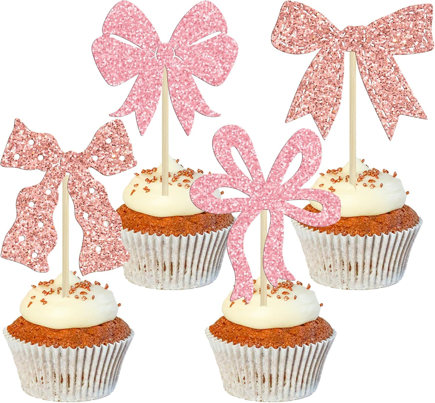 Ephlyn 24pcs Pink & Rose Gold Bow Cupcake Toppers - Perfect for Birthday, Baby Shower, Bridal Shower & Wedding Parties