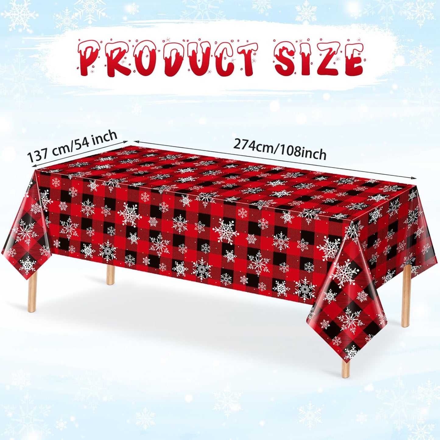 1 Pieces Red and Black Buffalo Plaid Merry Christmas Party Tablecloth Decorations,Plastic White Snowflake Buffalo Plaid Sign Table Cover for Winter Christmas Holiday Party Supplies,54x108 inch