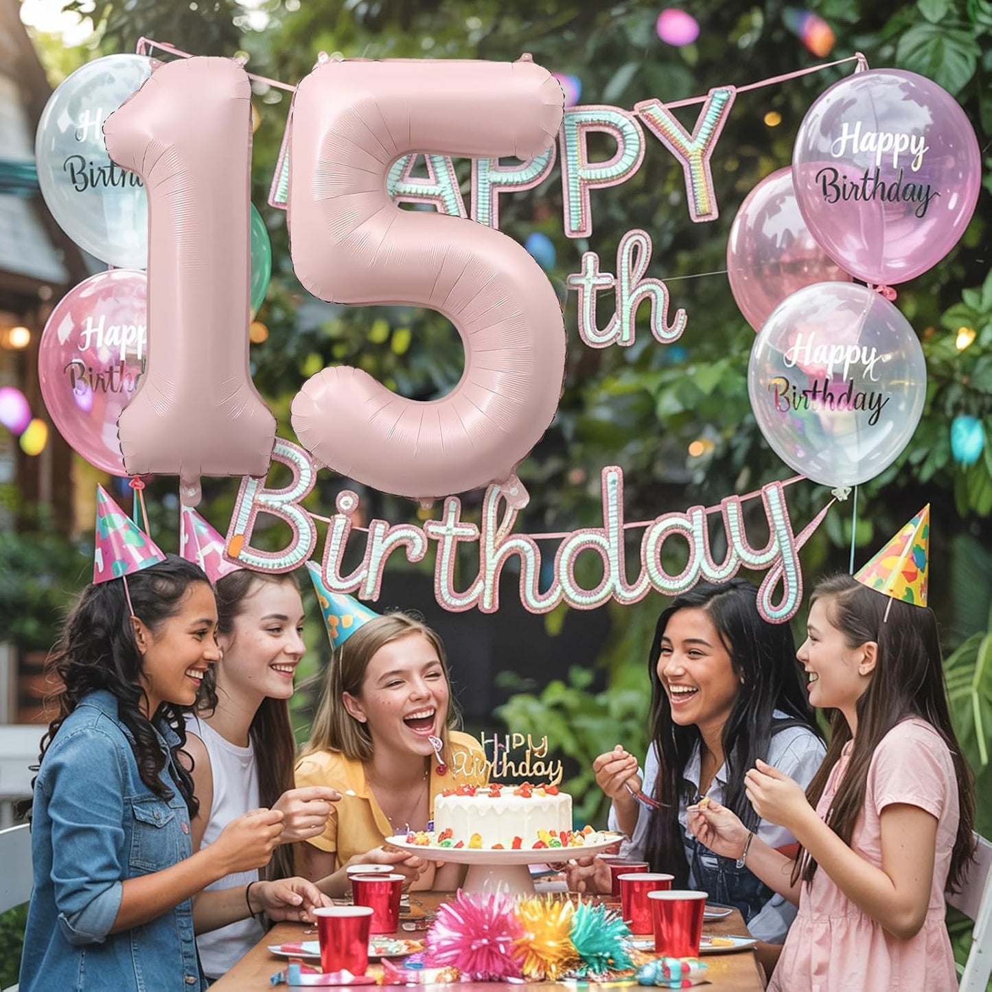 Light Pink Sweet 15th Birthday Balloon for Girls, 40 Inch Self Inflating Mylar Number 15 Balloons, Big Blush Pastel Pink Foil 1 & 5 Helium Balloon 15 for Coquette 15th Birthday Party Decorations