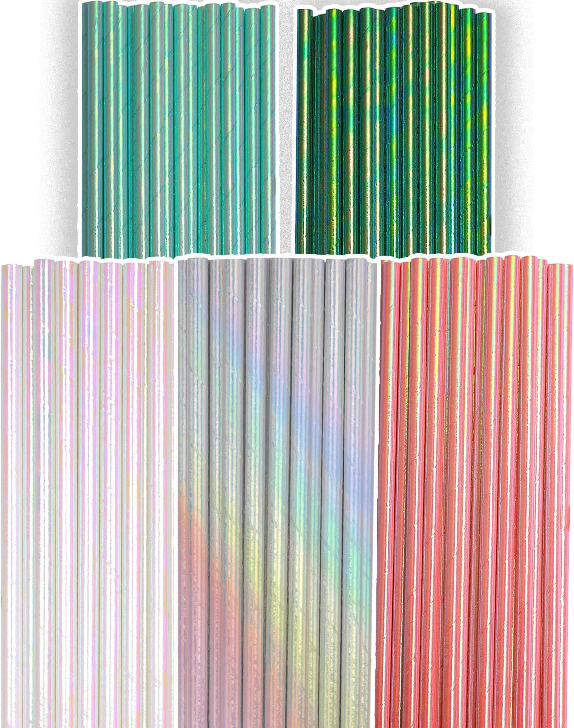 150pcs Iridescent Paper Straws for Drinking Disposable Sraws Disposable Straws Bulk（5 Color Muli） qiqee