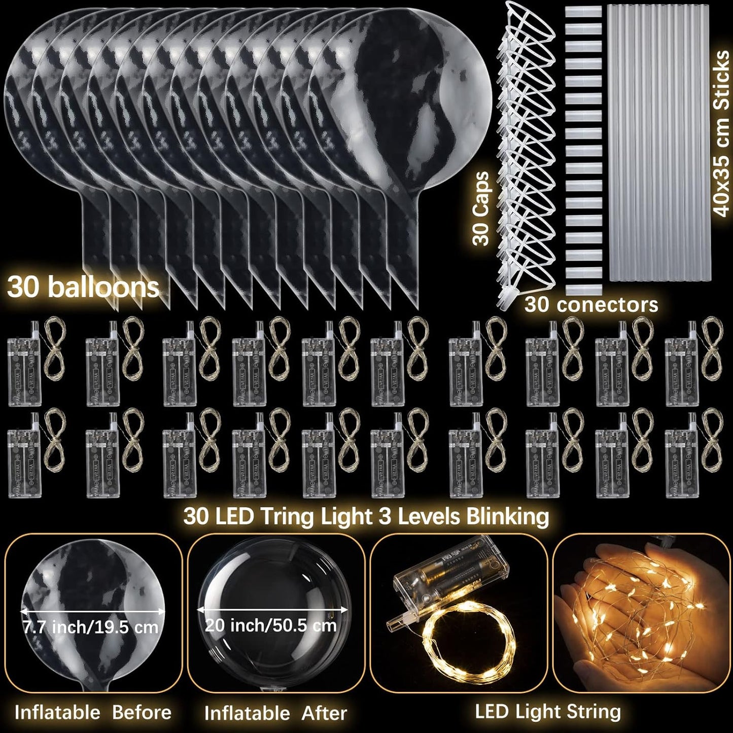 Vinsot 30 Pack LED Bobo Balloons Light Up Balloons Clear Helium Bubble Bobo Glow with String Lights for Parties Birthday Wedding Decoration(Warm Light)