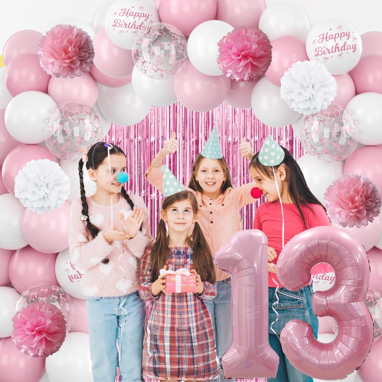 13th Birthday Decorations for Girls Pink Number 13 Balloon Bow Coquette Happy Birthday Banner Fringe Curtain Paper Pom Poms Star Heart Foil Pink White Balloons 13 Year Old Party Decor