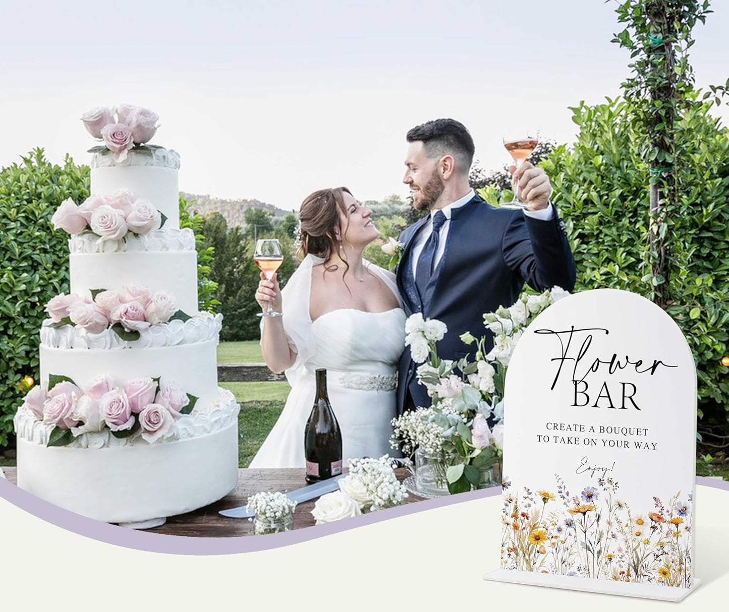 Wedding Signs for Ceremony and Reception, Boho Floral Acrylic Flower Bar Sign, Wedding Signage with Stand, Bridal Shower Table Centerpieces, Flower Bar Supplies for Engagement Reception Events, 22