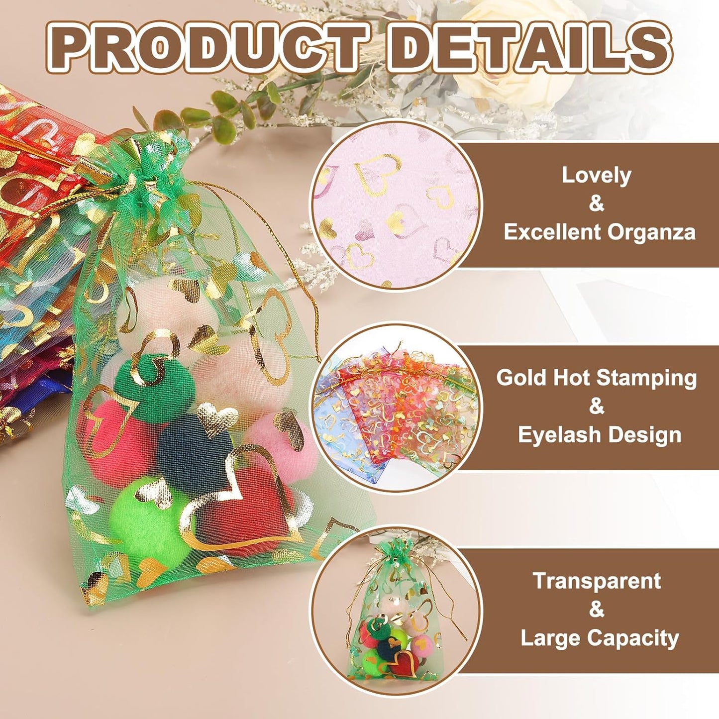 PATIKIL 50 Pcs 4x6 Inch Heart Printed Organza Bags, Red Sheer Heart Organza Bags with Drawstring for Festival Candy Jewelry Party Wedding Favor Gift