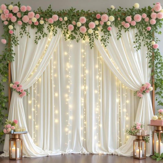 Ivory Backdrop Curtains with Lights for Baby Shower,10x10FT Wrinkle Free Ivory Drapes Photo Backdrop Curtains for Wedding Birthday Party Ceremony Photography Photoshoot Decorations-5ft x 10ft