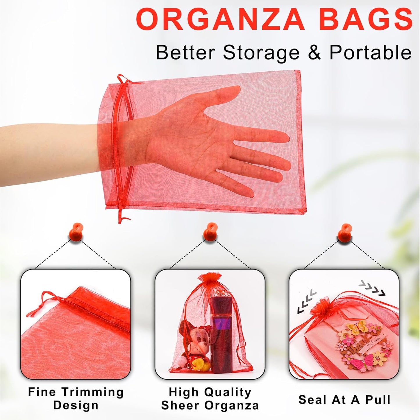 ANZNKU 100 Pack Red Organza Bags 6x9 inches Mesh Bags Drawstring, Gift Bag for Party Favor Christmas Wedding Mesh Festival Makeup