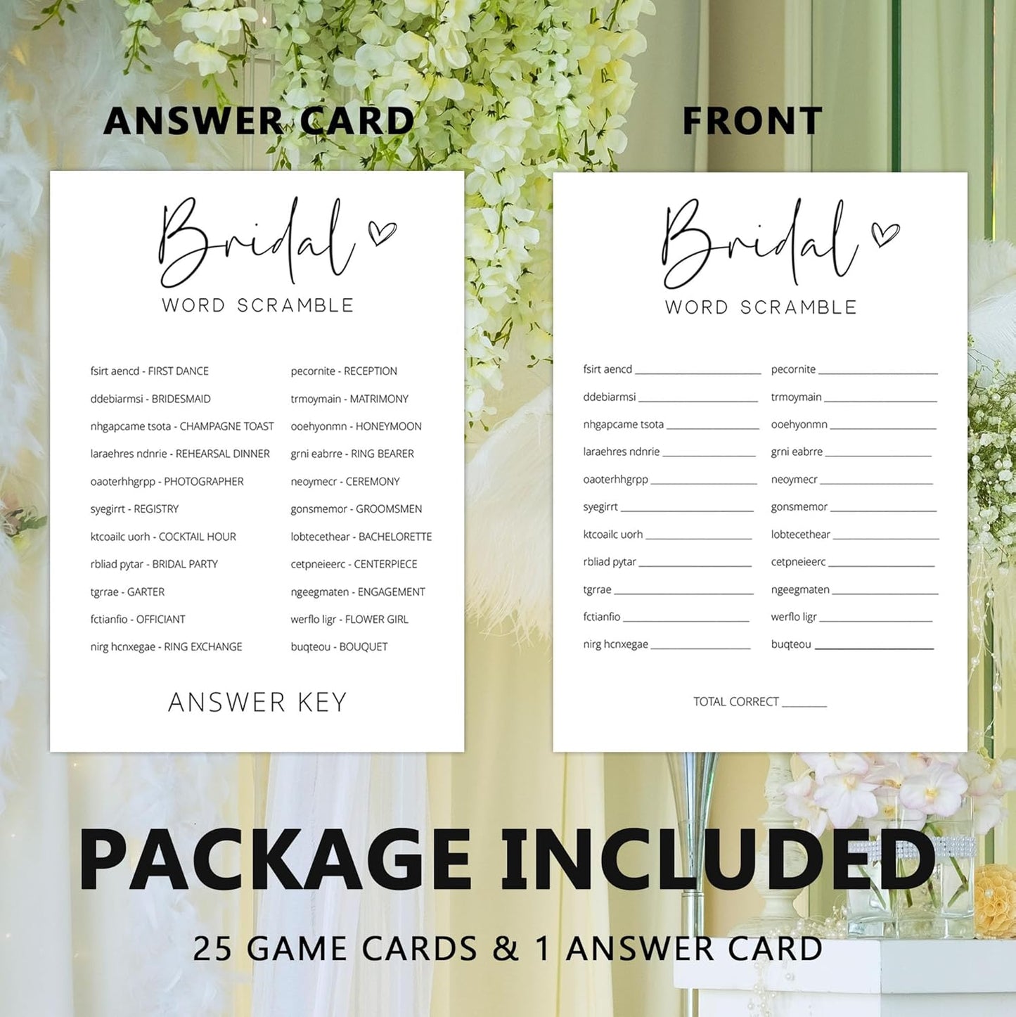 Bridal Shower Games, Word Scramble, 25Pcs Minimalist White Double-Sided Bridal Game Cards with 1 Answer Key, Wedding Shower Games for Guests, Engagement Bachelorette Party Supplies - A01