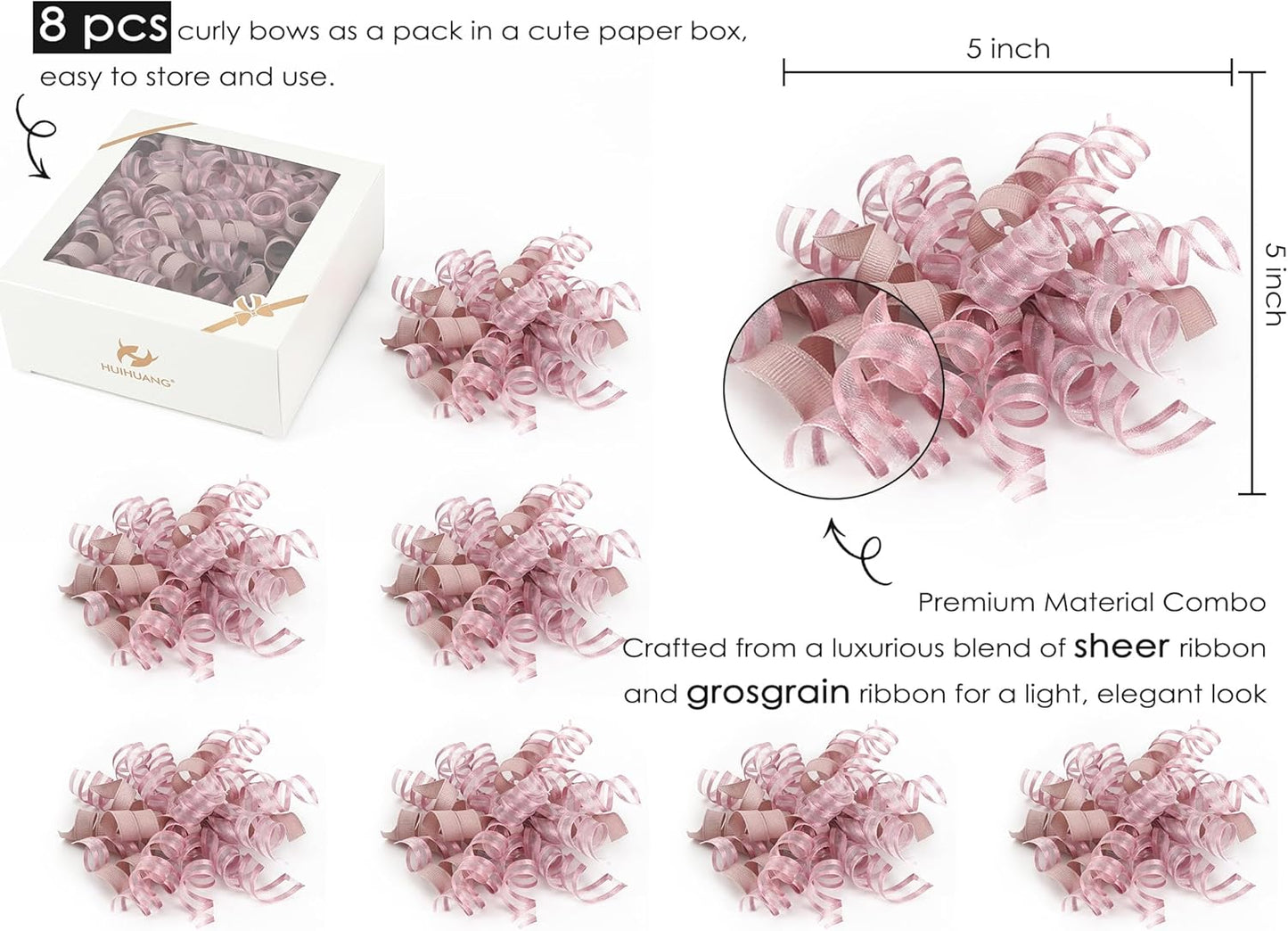 HUIHUANG Self-Adhesive Curly Bows Gift Wrap Accessory Dusty Rose Gift Bow 5 inch x 8 Counts Dusty Pink Ribbon Bows for Presents, Paper Bag, Party Favors, Bridal Shower Wedding Decoration