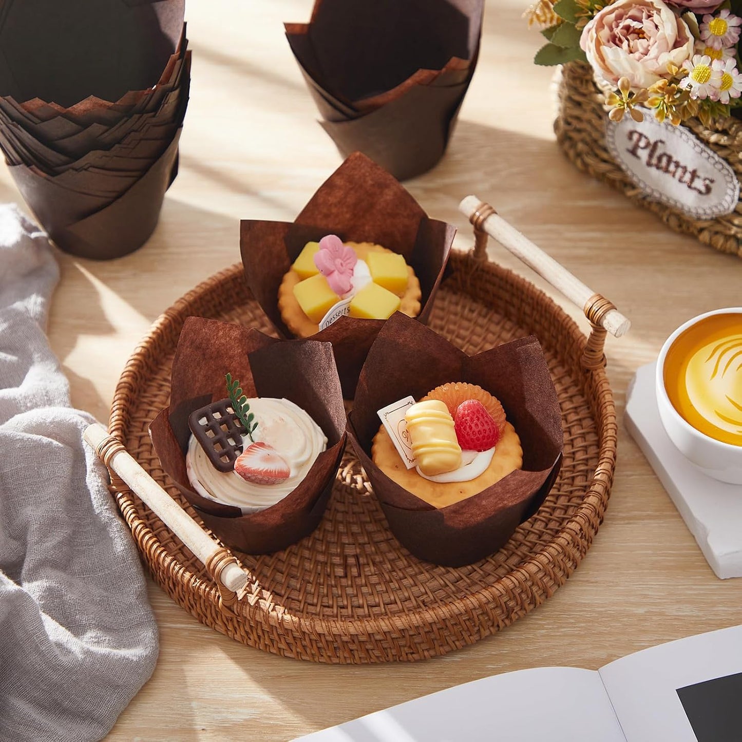 300 Pcs Jumbo Muffin Liners for Baking 2-1/4" x 4" Large Tulip Cupcake Liners Greaseproof Cupcake Wrapper Paper for Weddings Birthday Christmas Anniversaries Party (Brown)