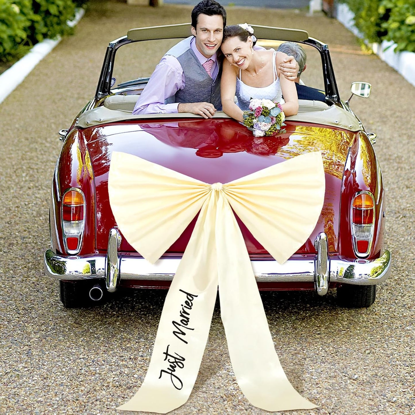 Zeyune 30 Inch Just Married Car Bow Decorations Wedding Reception & Ceremony Decor Kit Giant Ribbon Bow Automotive Decoration Accessories Ideal for Elegant Wedding Party Decor(Black Words)