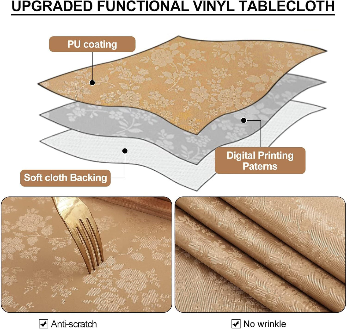 Smiry Round Table Cloth, Waterproof Heavy Duty Vinyl Tablecloths, Wipeable Washable Table Cover for Kitchen and Dining Room (Brown, 60" Round)