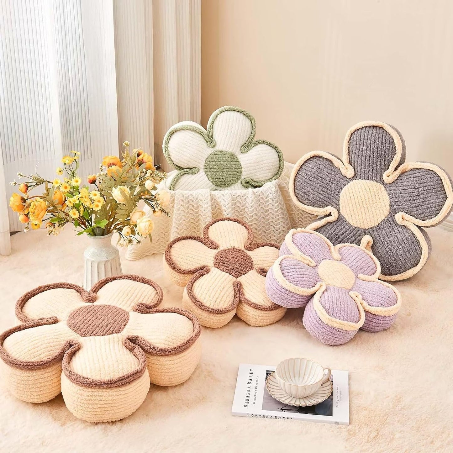 Flower Shaped Floor Cushion, Soft Plush Pillow for Sofa Couch Bed (13.7 Inch, Grey)