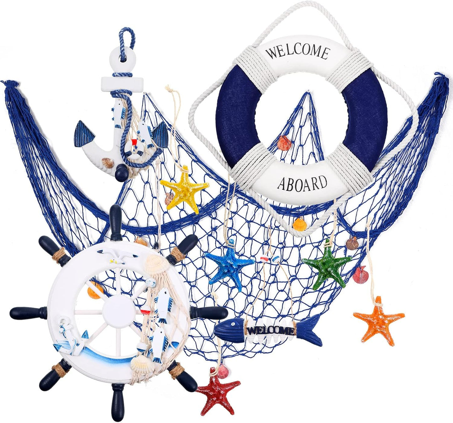 Marsui 11 Pcs Wooden Nautical Wall Decor Fishing Net Decorations, Include Decorative Fishing Net, Ship Wheel, Fish Skeleton, Life Ring, Anchor, Starfish Beach Decor for Mediterranean Party (Blue)