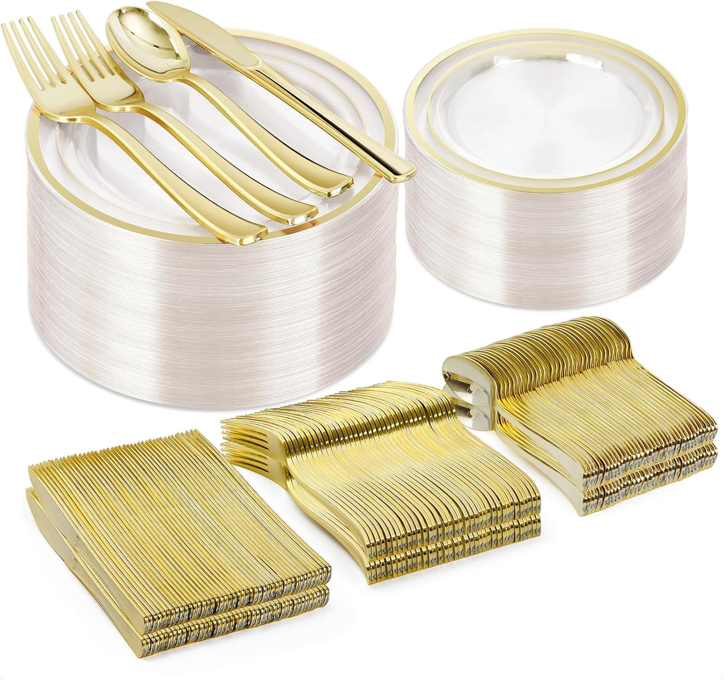 300PCS Clear Gold Plastic Plate Set (50 Guests), Disposable Dinnerware Set for Party, Wedding, Birthday - 100 Plates, 100 Forks, 50 Spoons, 50 Knives for Christmas, Thanksgiving