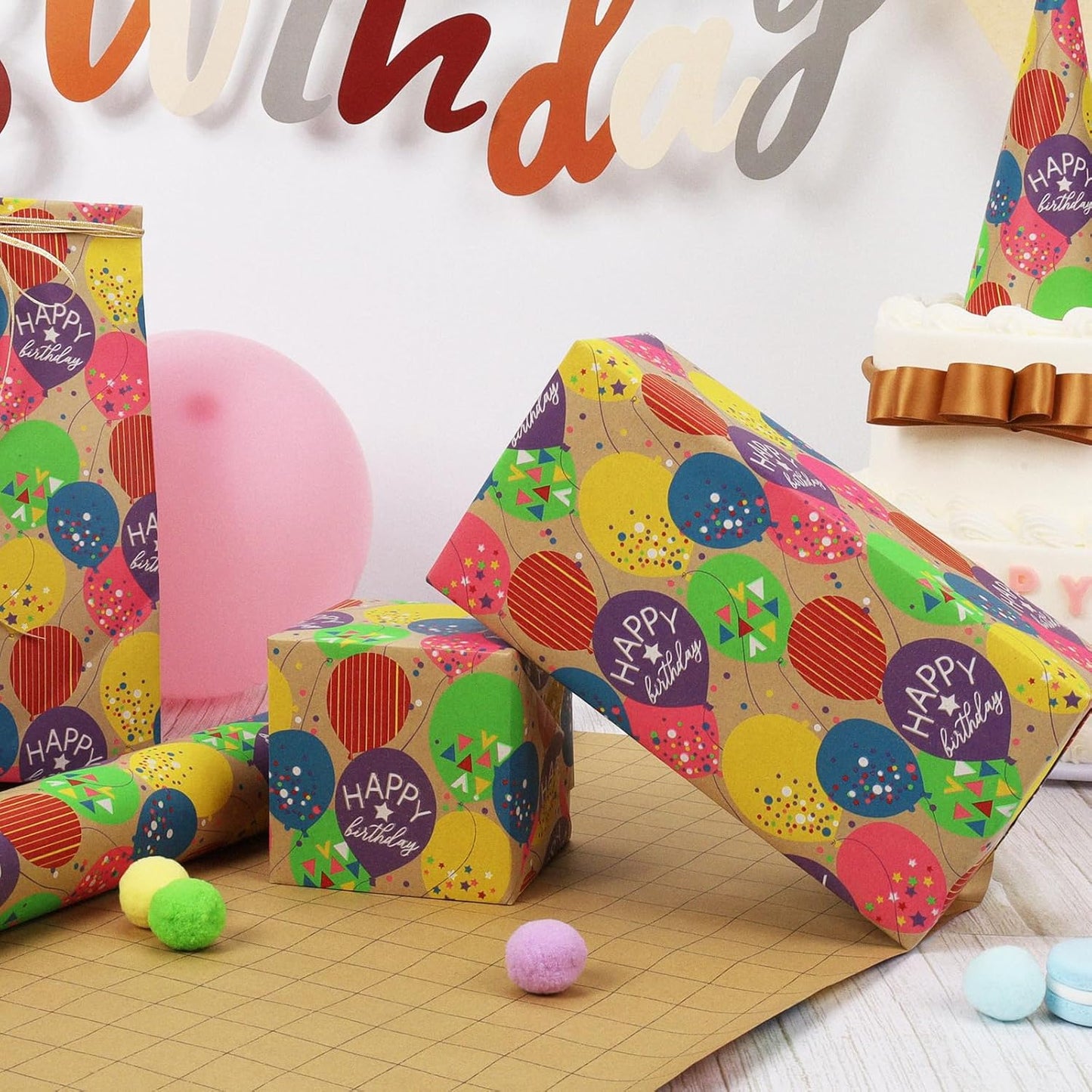 LaRibbons Birthday Wrapping Paper Roll for Kids, 30 Inch x 33 Feet (83 sq. ft. ttl.) Kraft Gift Wrap Paper with Colorful Balloon Pattern for Baby Shower Holiday Party