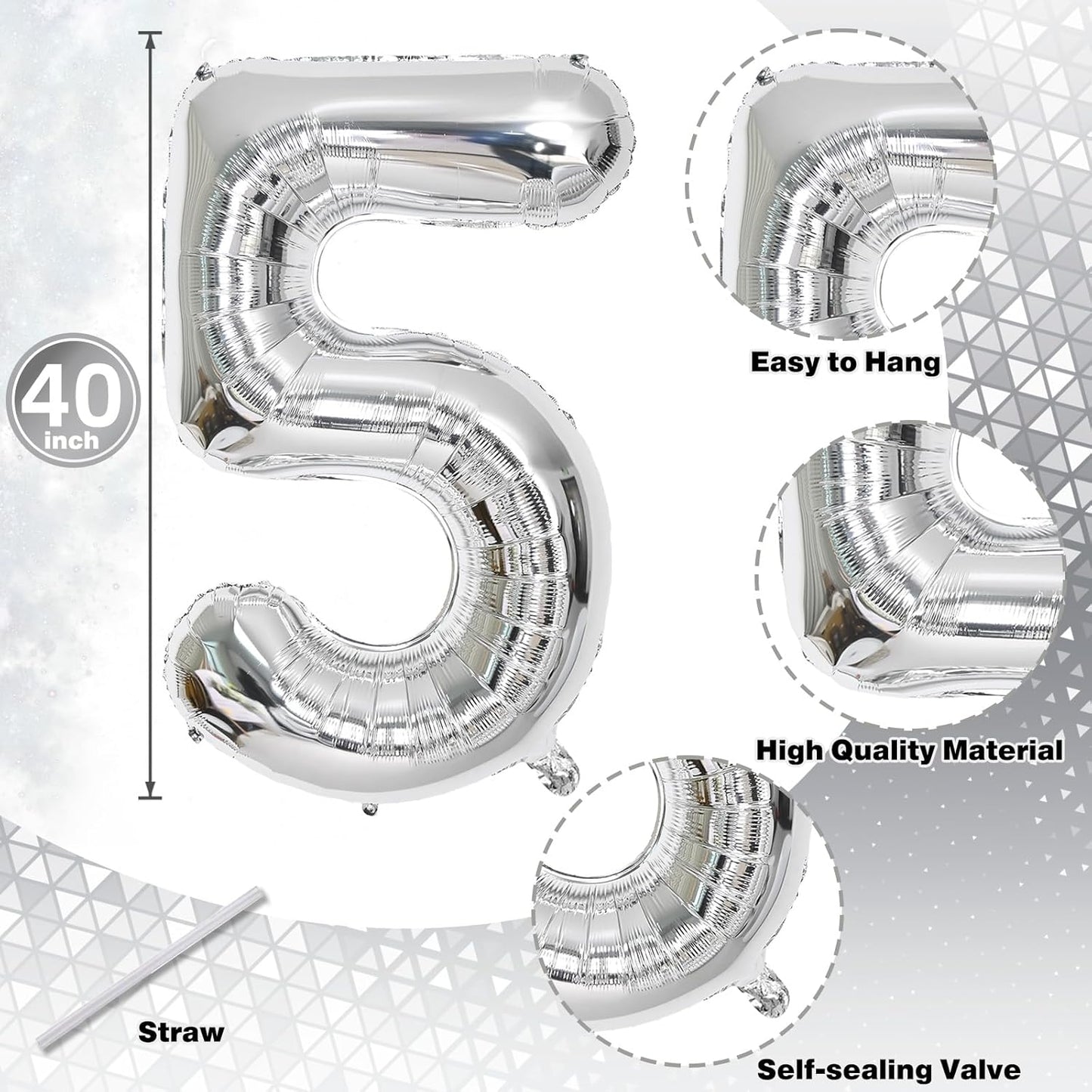 Number 15 Balloons Silver, Giant Number 1 & 5 Helium Foil Balloon for Girls 15th Birthday Decor, 40 Inch Self Inflating Mylar 15 Balloons Number for Man Women Anniversary Party Decorations Supplies