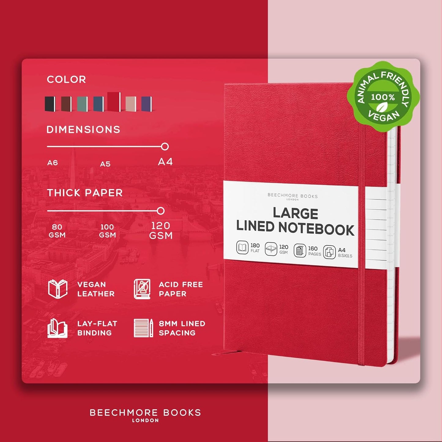 BEECHMORE BOOKS Ruled Journal Notebook, A4 8.5 x 11.5 inch 160 Lined Pages, Hardcover Leather Journals For Women, Men, Writing And Notebooks For Work - 120 GSM Thick Paper, Gifts Box Included