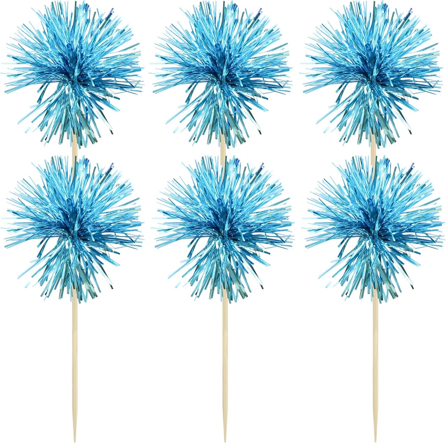 Gyufise 30Pcs Foil Firework Cupcake Toppers Sparkle Tinsel Cake Toppers Tinsel Drink Cake Decoration Cocktail Picks for Birthday Wedding Graduation Party Supplies Lake Blue