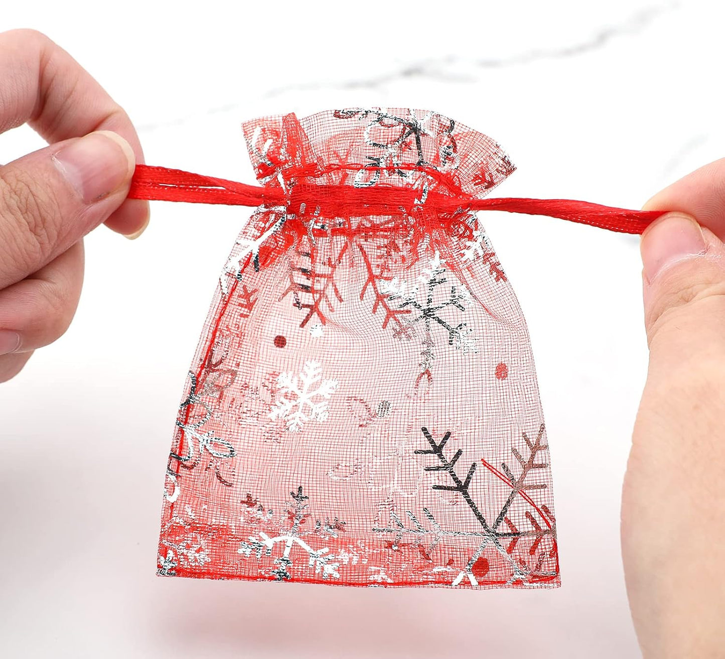 jijAcraft 3x4 Inch Christmas Organza Bags - 100Pcs Red Snowflake Gift Bags with Drawstring, Xmas Party Favor Sheer Mesh Pouches for Winter Gift, Candy, Jewelry Bag