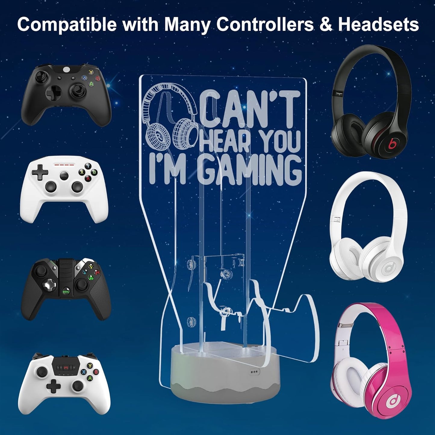 Light Up Headset and Controller Stand, 16 Colors 3D LED Lights Gamepad Headphone Holder with Remote Control, Game Controller Hanger for All Universal Gaming PC Accessories