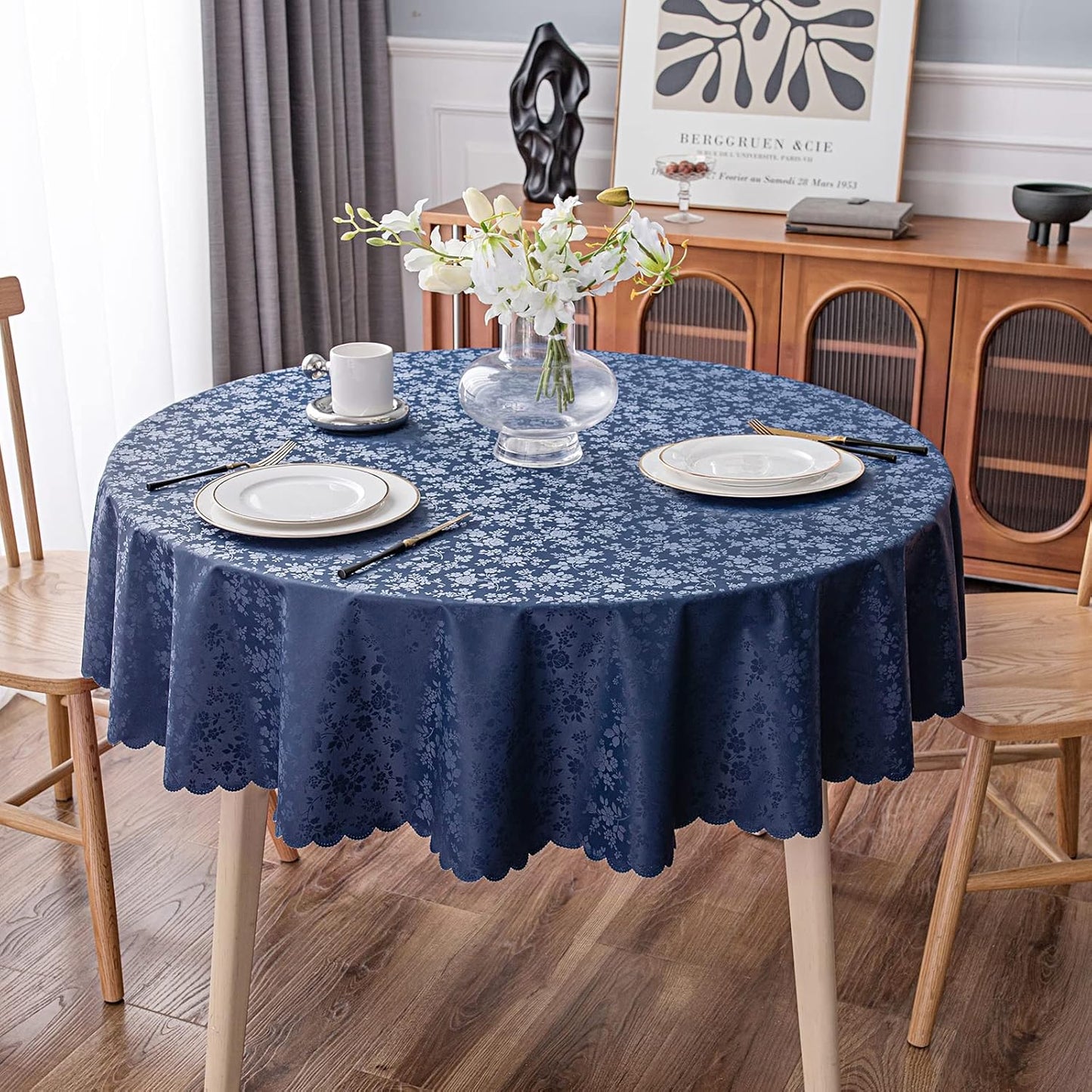 Smiry Round Table Cloth, Waterproof Heavy Duty Vinyl Tablecloths, Wipeable Washable Table Cover for Kitchen and Dining Room (Navy Blue, 60" Round)