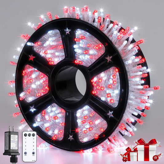 JMEXSUSS Red and White Christmas Tree Lights with Remote, 600 LED String Lights Outdoor Indoor Clear Wire, 168ft Christmas Twinkle Lights Plug in for Bedroom Tree Birthday Party Christmas Decorations