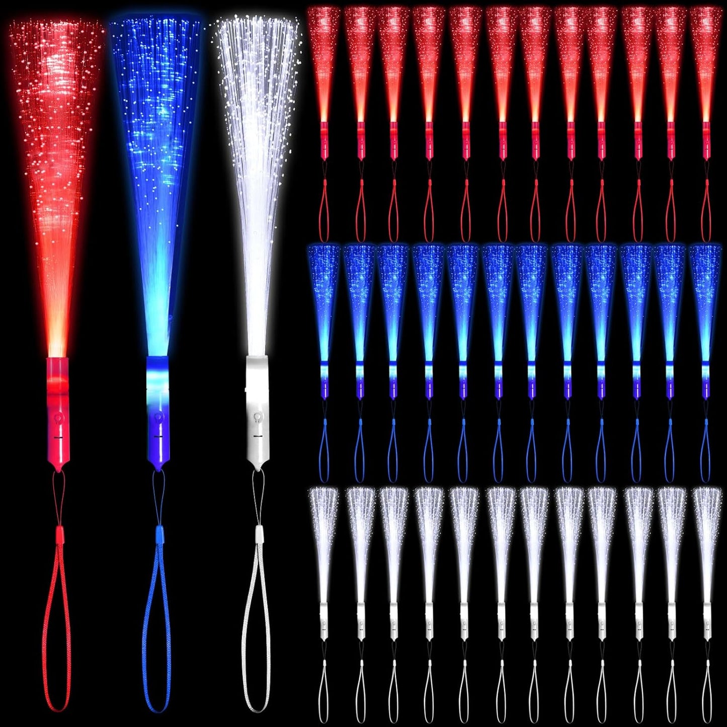 48 PCS Red Blue White Glow Fiber Wands Sticks LED Light Wands 3 Modes Flashing Fiber Optic Light Rod Bulk Fiber Optic Wands for July 4th Party Supplies
