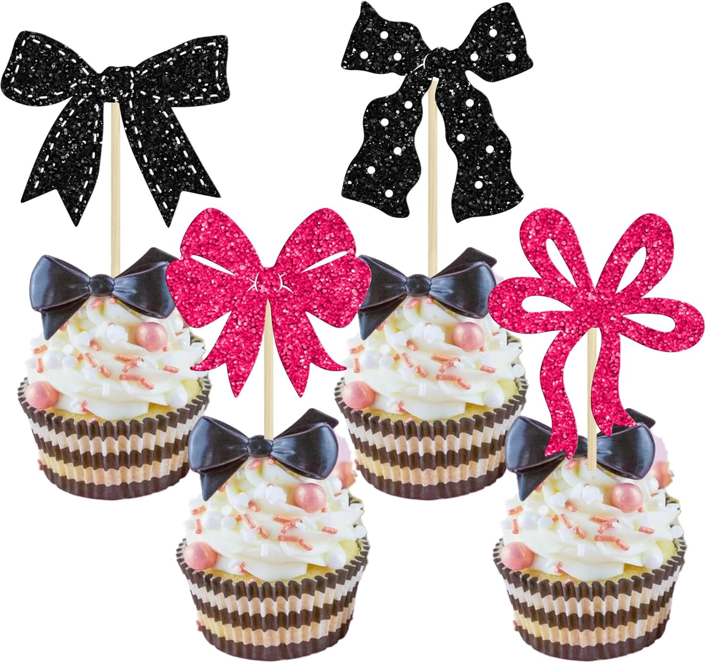 Ephlyn 24Pcs Pink Bow Cupcake Toppers Bow Birthday Cake Topper Girls Birthday Party Decorations Bowknot Cupcake Decorations for Bridal Baby Shower Birthday Wedding Themed Party Black Rose Red