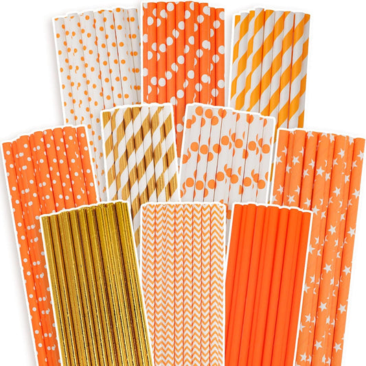 qiqee Gold Orange Disposable Straws for Drinking 150pcs Disposable Straws Bulk（10 Pattern）