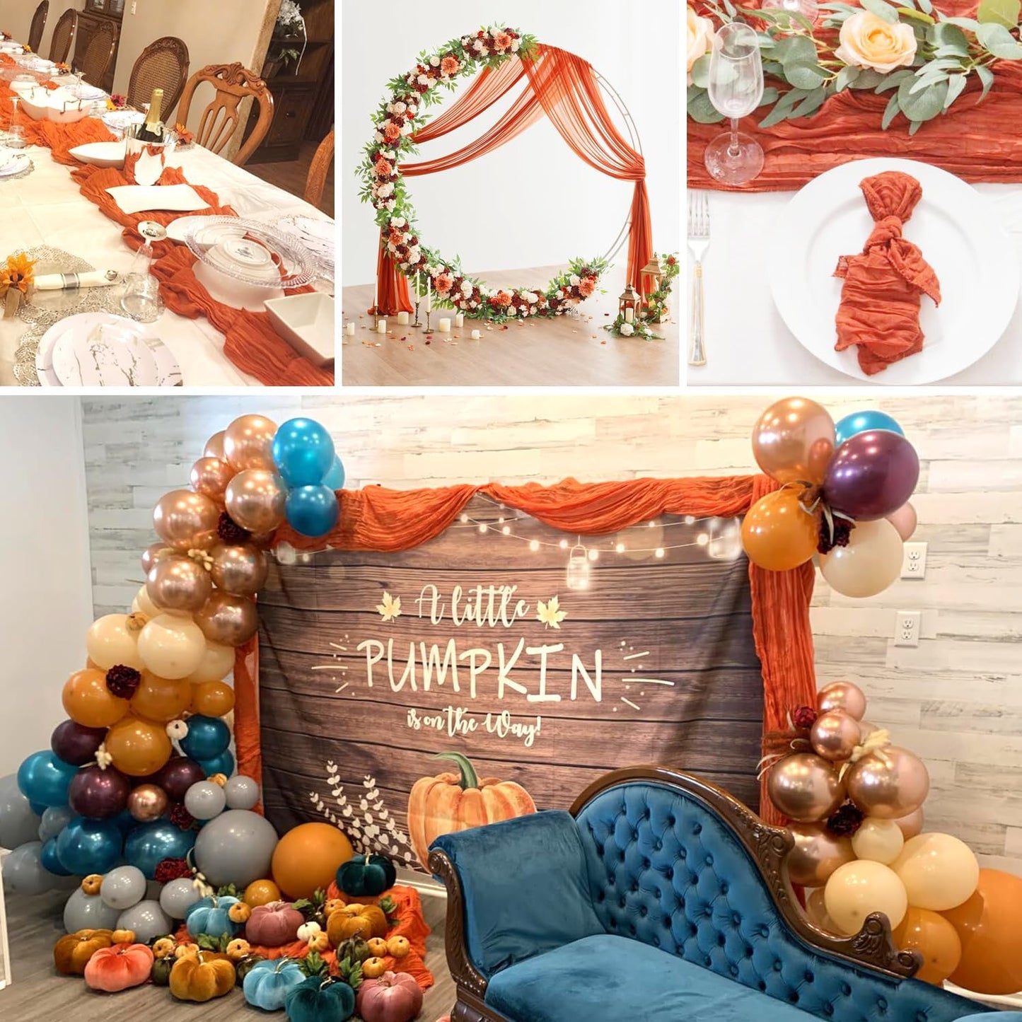 10 Packs Orange Halloween Table Runner Cheesecloth 10FT Fall Burnt Orange Cheese Cloth Table Runner Sheer Boho Rustic Gauze Table Cloth for Wedding Party Baby Shower Decor