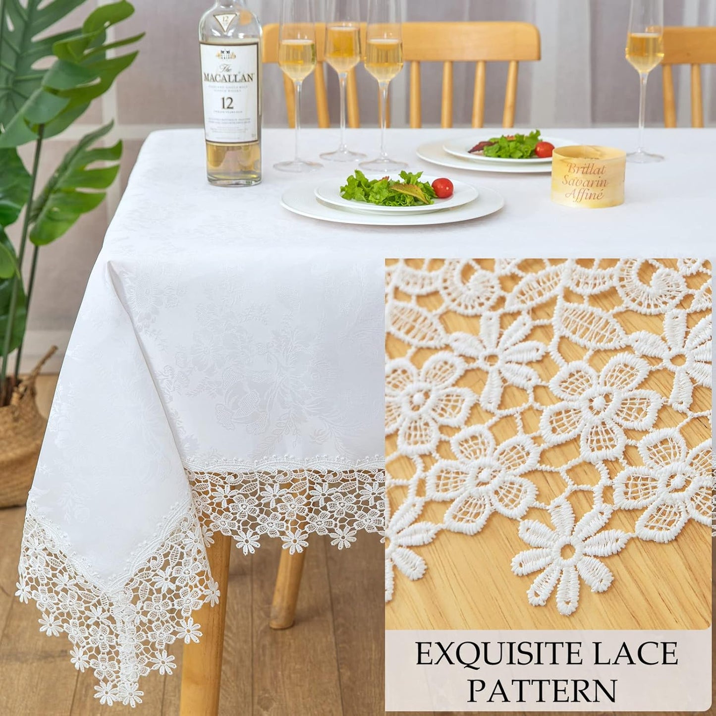 White lace Premium Rectangle Farmhouse Tablecloth Waterproof OilProof SpillProof AntiShrink Soft Wrinkle Resistant Decorative Fabric Table Cover Kitchen Dinning Party Wedding Banquet