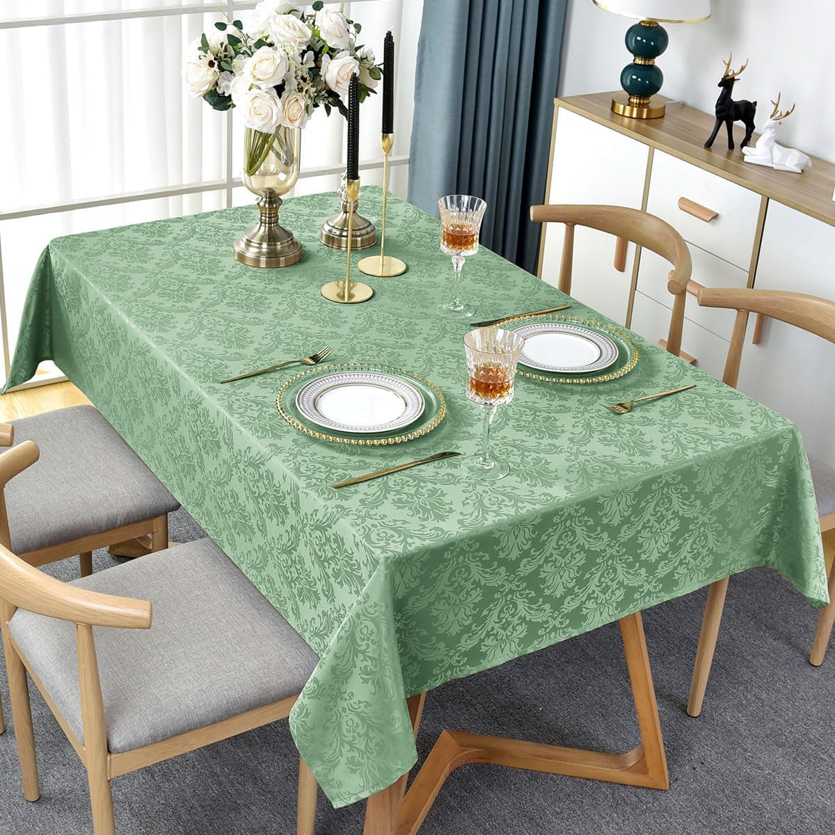 Floral Jacquard Rectangle Tablecloth 60 x 84 Inch Spill Proof Wrinkle Resistant Damask Table Cloth, Soft Polyester Table Cover for Dining, Party, Picnic, Indoor, Outdoor, Sage Green