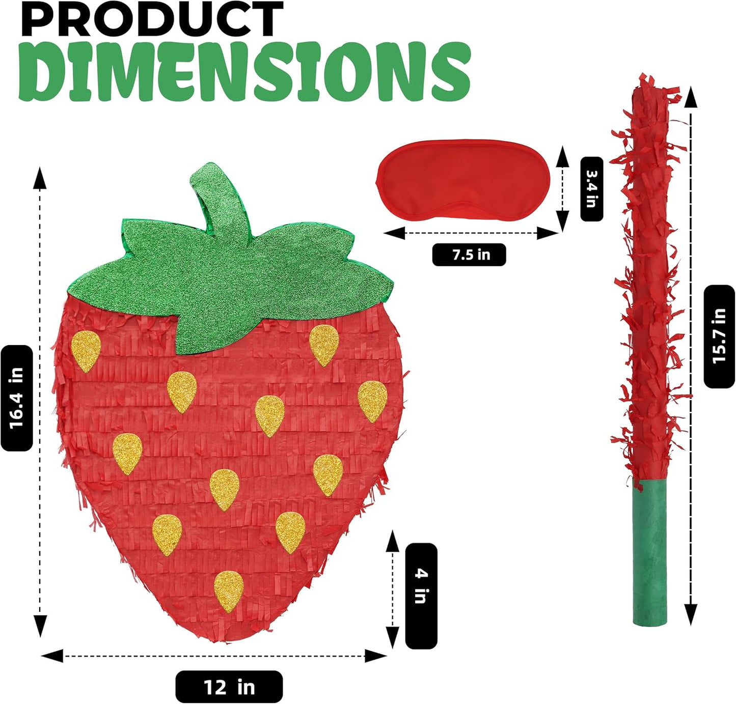 Strawberry Pinatas Bundle with a Blindfold and a Bat(16.5 x 12 x 3.5 Inches), Perfect for kid's Birthday Parties, Fruit Theme Parties, Decorations