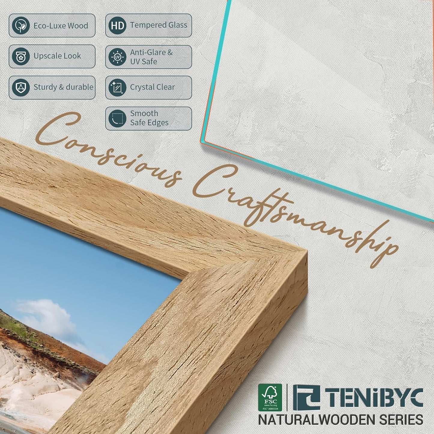 12x18 Poster Frame 4 Pack, Textured Natural Solid Wood Picture Frame, HD Tempered Glass, Wall Gallery Photo Frame