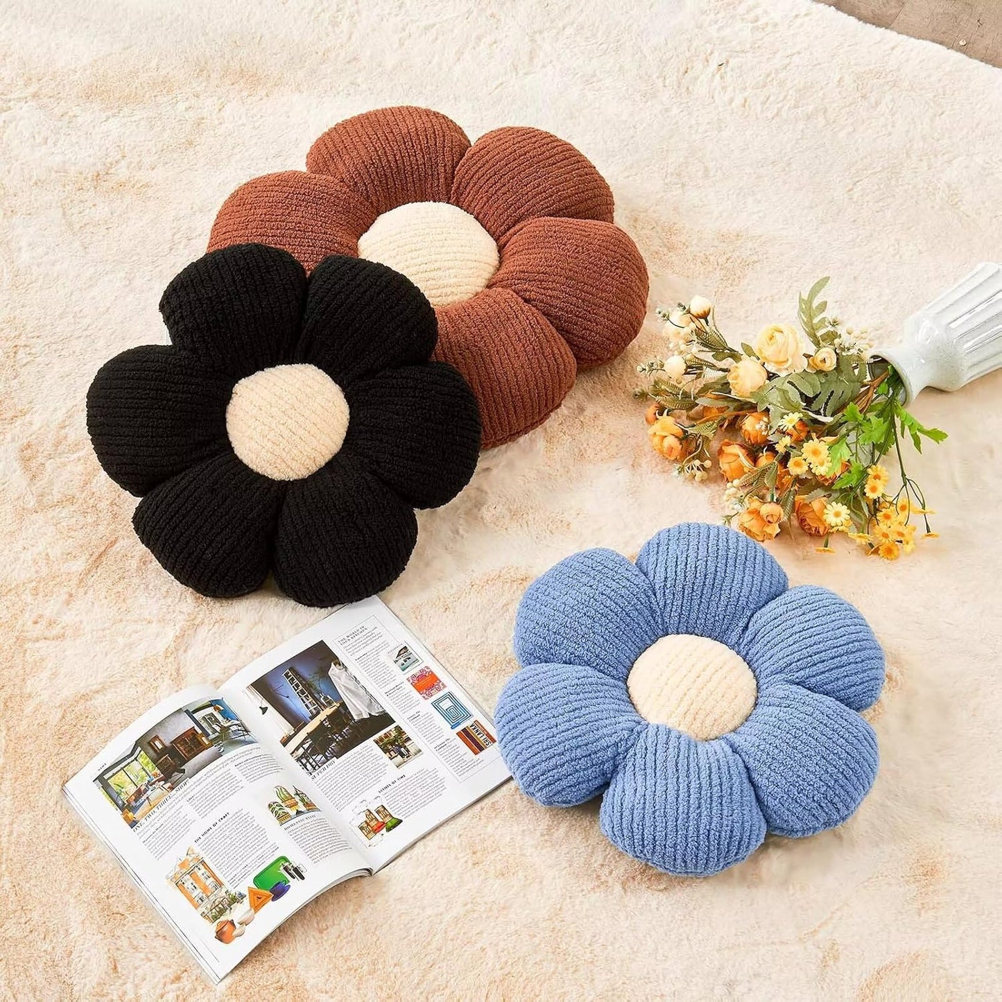 Flower Throw Pillow, Soft Black 17.7" Shaped Floor Pillow for Home Decor, Cute Aesthetic Plush Decorative Pillows for Bed, Sofa, Couch