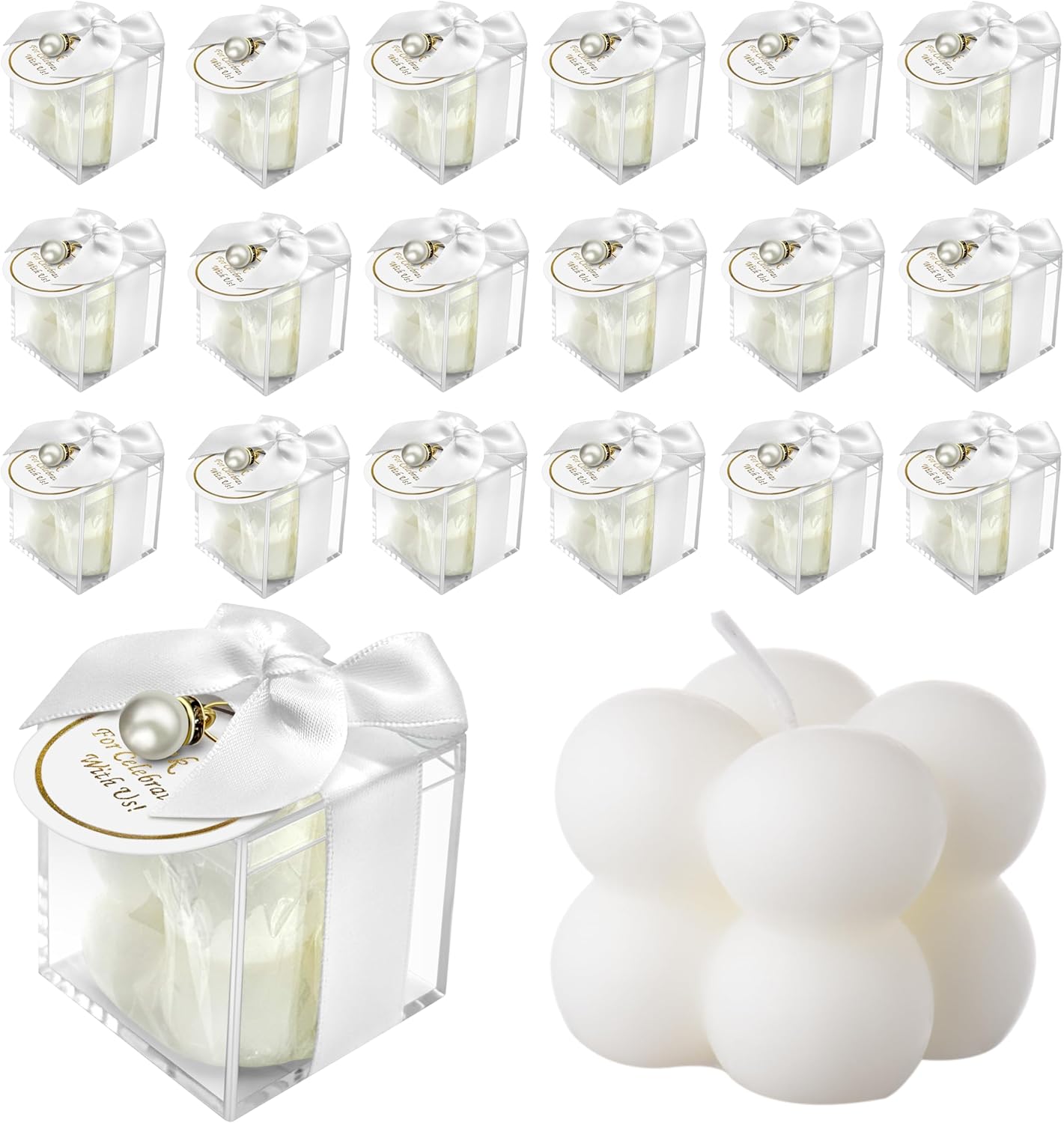 20 Pcs Small Bubble Candles Elegant Party Favors Bulk Set with Decorative Ribbons Thank You Cards for Bridal Shower Guest Gifts (20, White)